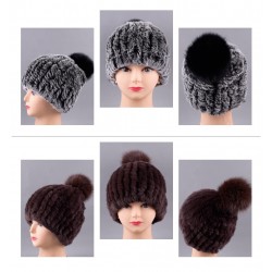 Knitted rabbit fur hat with pompomHats & Caps