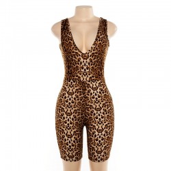 Cryptographic Sexy Deep V-Neck Sleeveless Leopard Rompers Womens Jumpsuit Short Summer Streetwear Pl