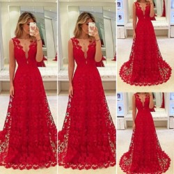 women summer sexy sleeveless v-neck long dress - ladies evening party formal solid red lace dressesDresses