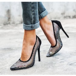 Crystals - mesh - high heels pumps - black