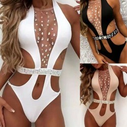 Sexy one-piece swimsuit - with front mesh & crystals - monokini