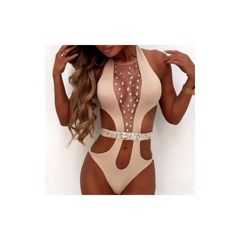 Sexy one-piece swimsuit - with front mesh & crystals - monokiniBeachwear