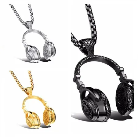 Halskette mit Kopfhörer - schwarz - gold - silber