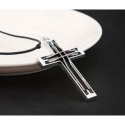 Double hollow-out stainless steel Cross - leather necklaceNecklaces