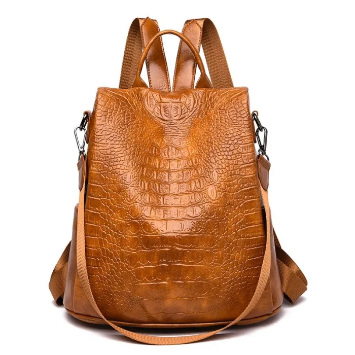 Casual Ledertasche - Krokodilhautdesign - braun / schwarz - Rucksack