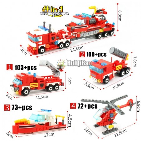 Fire Truck - Auto - Hubschrauber - Boot - 4 in 1 Bausteine Set - 348pcs - Kinder - Spielzeug