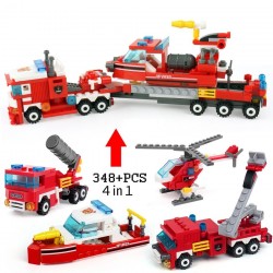 Fire Truck - Auto - Hubschrauber - Boot - 4 in 1 Bausteine Set - 348pcs - Kinder - Spielzeug
