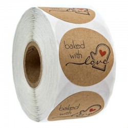 BAKED WITH LOVE - round natural kraft stickers - 100 - 500 pieces