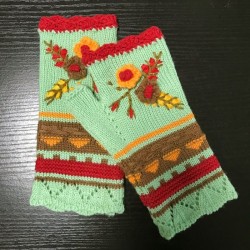 Knitted winter gloves - half-finger design - with a flowery embroideryGloves