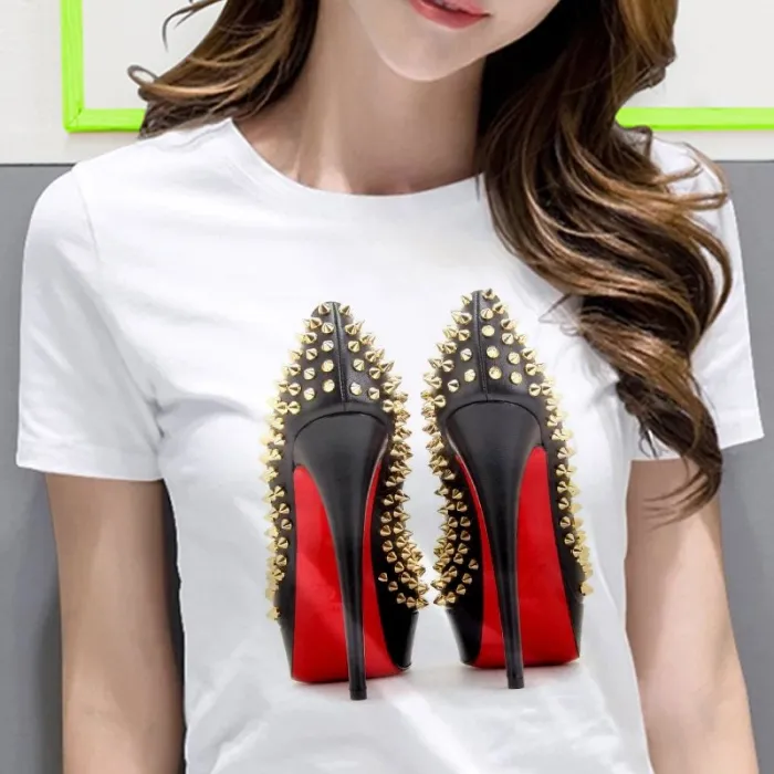 High heeled shoes - printed t-shirt - short sleeveBlouses & shirts