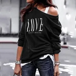 Sexy top - loose off-shoulders - long sleeve t-shirt - LOVE printBlouses & shirts