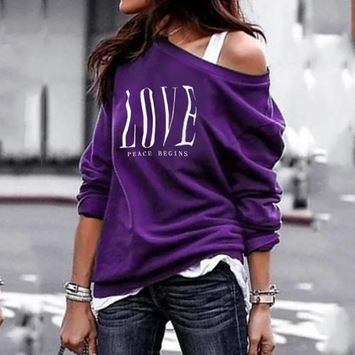 Sexy top - loose off-shoulders - long sleeve t-shirt - LOVE printBlouses & shirts