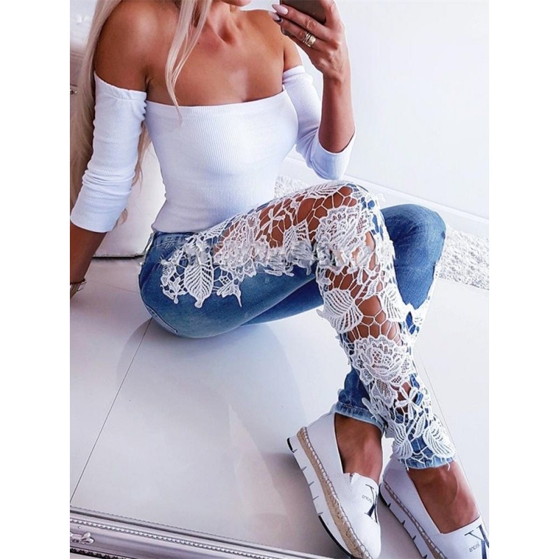 Sexy skinny jeans - cut-out pants with floral lacePants