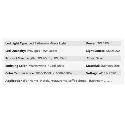 Modernes Badezimmer Spiegellicht mit Schalter - LED Lampe - Edelstahl - wasserdicht - 220V - 7W - 9W