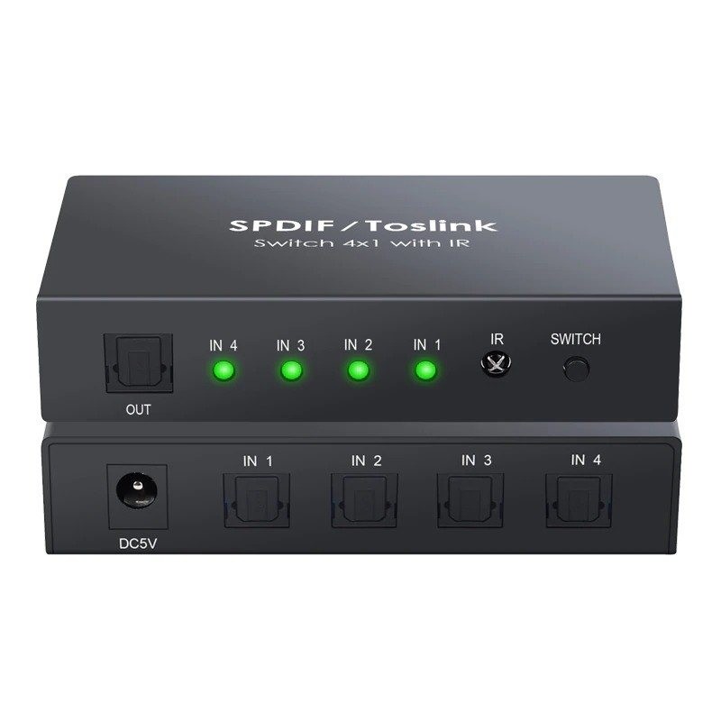 4x1 SPDIF - digitaler optischer Audioschalter - Toslink Schaltkasten mit optischem Kabel 4x1 SPDIF - digitaler optischer Audioschalter - Toslink Schaltkasten mit optischem Kabel