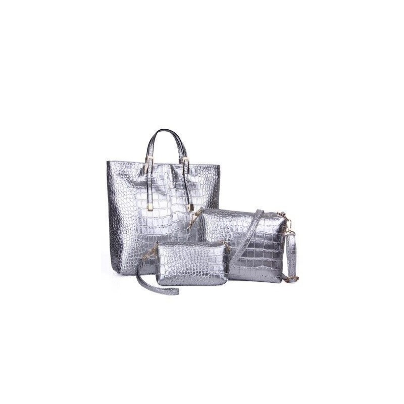 Leather bag - crossbody - small clutch - crocodile skin design - 3 pieces setSets