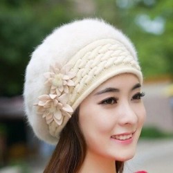Knitted beret - a warm fur hat with decorative flowersHats & Caps