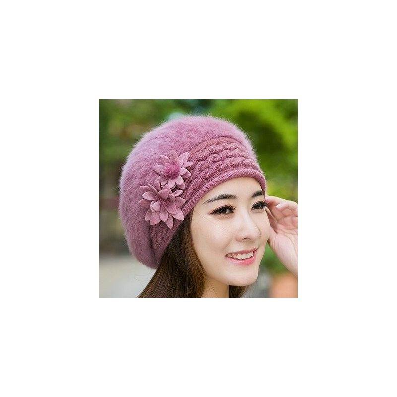 Knitted beret - a warm fur hat with decorative flowersHats & Caps