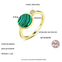 Fashionable gold ring with green malachite & crystal - 925 sterling silverRings