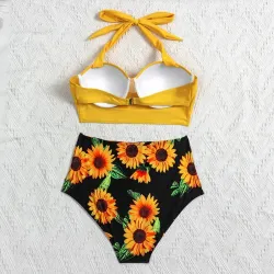 Sexy bikini set - with push-up - high waist - sunflowersBeachwear