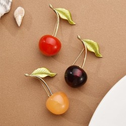 Enameled cherry with a leaf - brooch