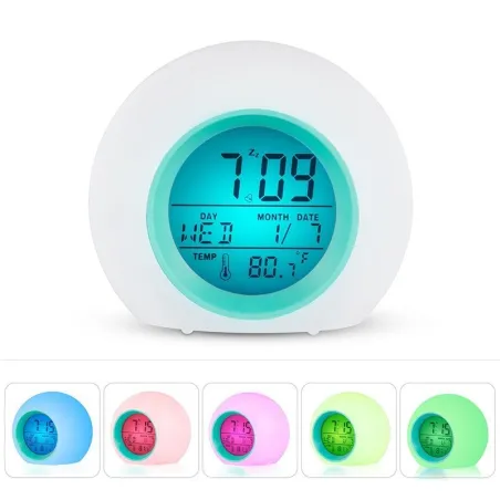 Round LED alarm clock - colorful glowing backlight - thermometer - calendar - dateClocks