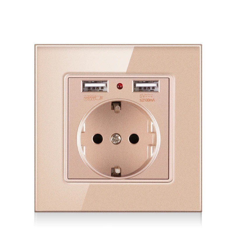 EU-Steckdose mit zwei USB-Ladeanschlüssen - Glasscheibe