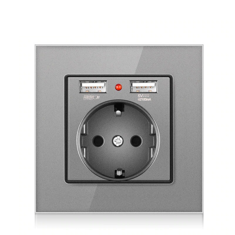 EU plug - power socket with dual USB charging ports - glass panelLighting fittings