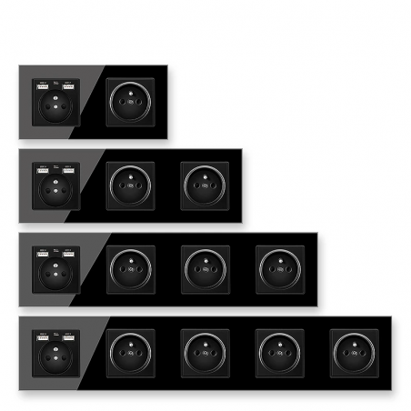 EU wall socket - French standard - with USB ports - crystal glass wall panel - blackLighting fittings