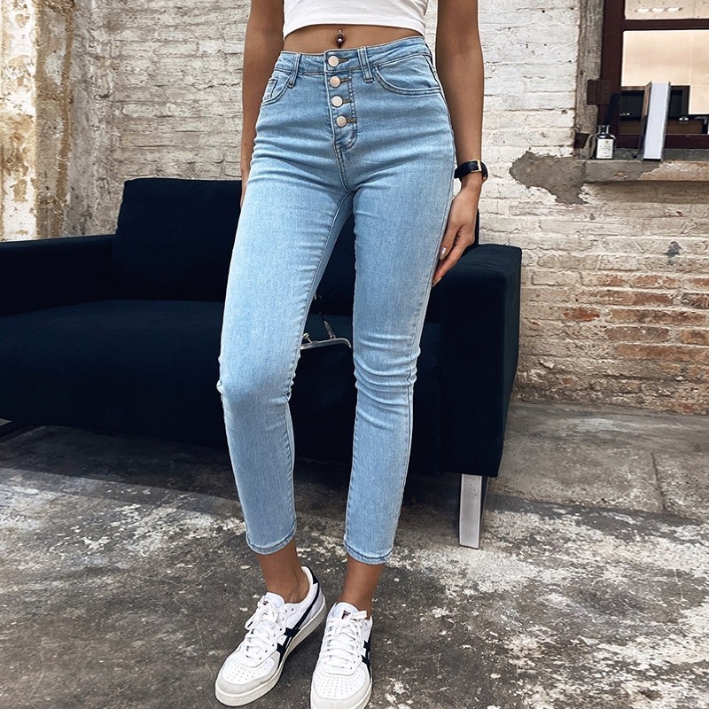 Skinny Jeans mit hoher Taille - mit Knöpfen vorne - elastisch