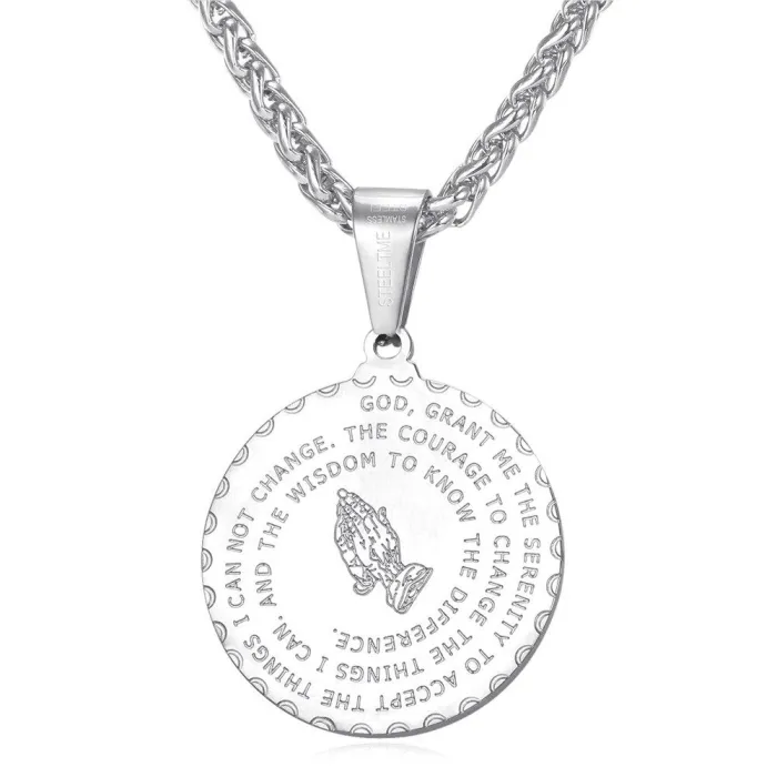 Praying hands with Bible verse - coin / heart shape pendant - stainless steel necklaceNecklaces