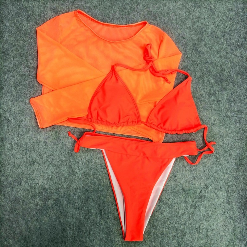 Sexy bikini set - long sleeve top - high / low waist - 3 pieces