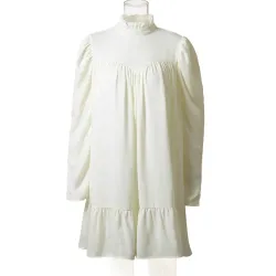 Elegant loose mini dress - puff sleeves - turtle neck with rufflesDresses