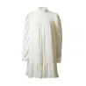 Elegant loose mini dress - puff sleeves - turtle neck with rufflesDresses