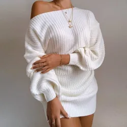 Sexy Strickpullover - Minikleid - Off-Shoulder / Laternenärmel