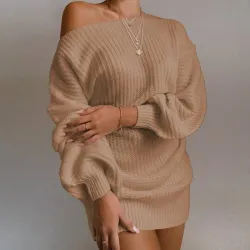Sexy Strickpullover - Minikleid - Off-Shoulder / Laternenärmel