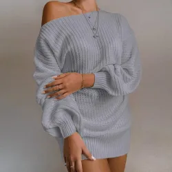 Sexy Strickpullover - Minikleid - Off-Shoulder / Laternenärmel