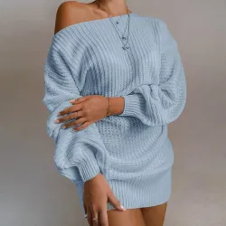 Sexy Strickpullover - Minikleid - Off-Shoulder / Laternenärmel
