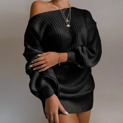 Sexy Strickpullover - Minikleid - Off-Shoulder / Laternenärmel