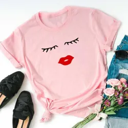 Trendy short sleeve t-shirt - eyelashes / red lipsBlouses & shirts