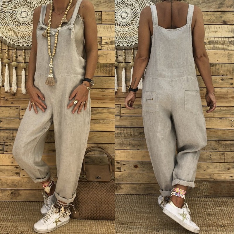 Vintage Leinen Jumpsuit - Schnürriemen - locker - weites Bein