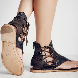 Sommer-Vintage-Sandalen - flache Gladiatoren - mit rückseitigem Reißverschluss / Schnürsenkel