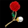 Rote Rose mit Perle / Kristallblatt - Brosche