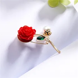 Rote Rose mit Perle / Kristallblatt - Brosche