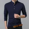 Elegant t-shirt - long sleeve - mandarin collar with buttons - cottonT-shirts