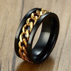 Schwarzer Ring - mit drehbarer Goldkette - Unisex - Edelstahl