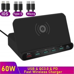 Multi USB - wireless fast charger - ISO / type-C / micro - QC3.0 - 60W