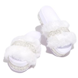 Luxurious fur slippers - with rhinestones - platform on the wedge - profiled insoleShoes