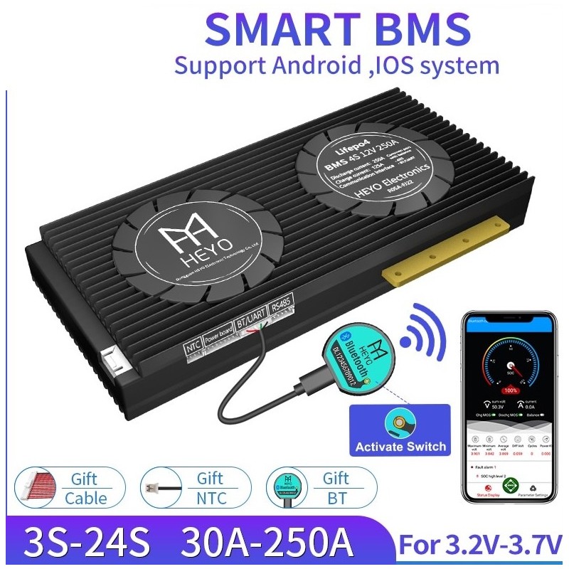 BMS Lifepo4 4S Smart Battery - mit Balancer - Bluetooth / Android / IOS - 12V - 72V - 30A - 200A
