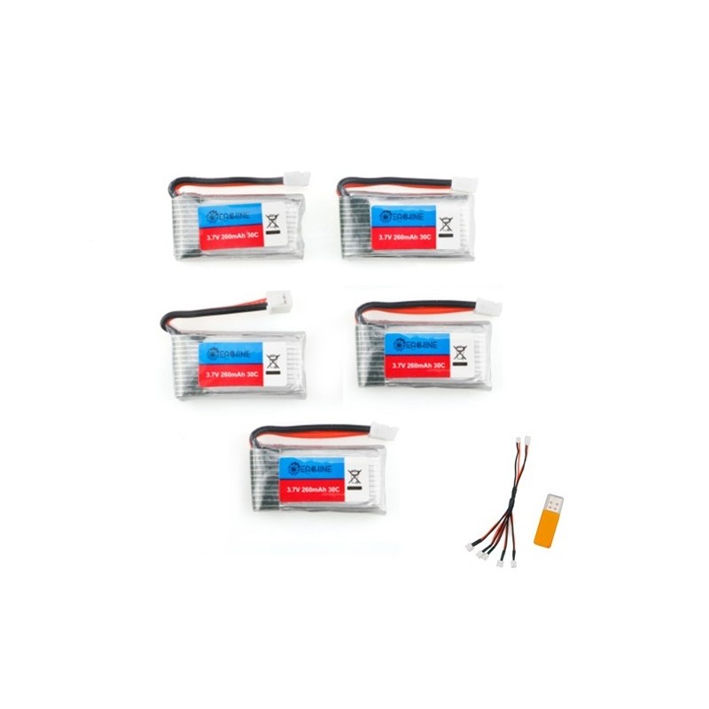 Eachine E011 - 3,7 V - 260 mAh - 30 C Akku / USB-Ladegerät - 5 Stück
